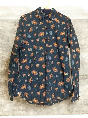Men’s Vtg Button-Down Nautical Navy with Lobster Crabs & Bubbles